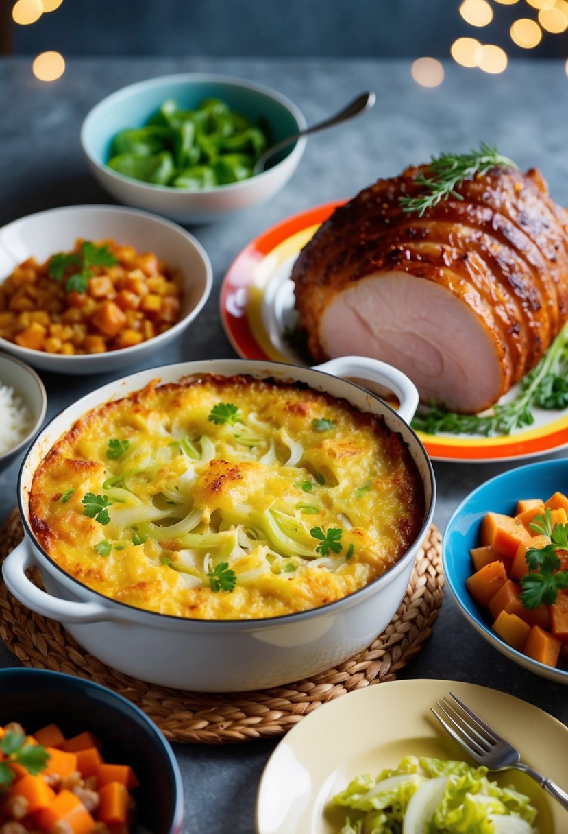 A bubbling French Onion Cabbage Gratin sits alongside 20 colorful side dishes, ready to accompany a succulent ham